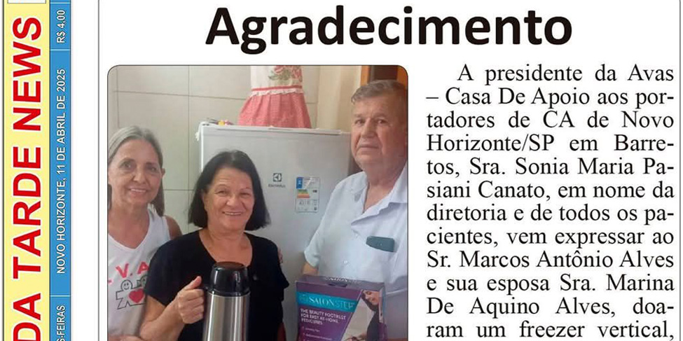 Agradecimento ao Jornal Gazeta da Tarde pela doação